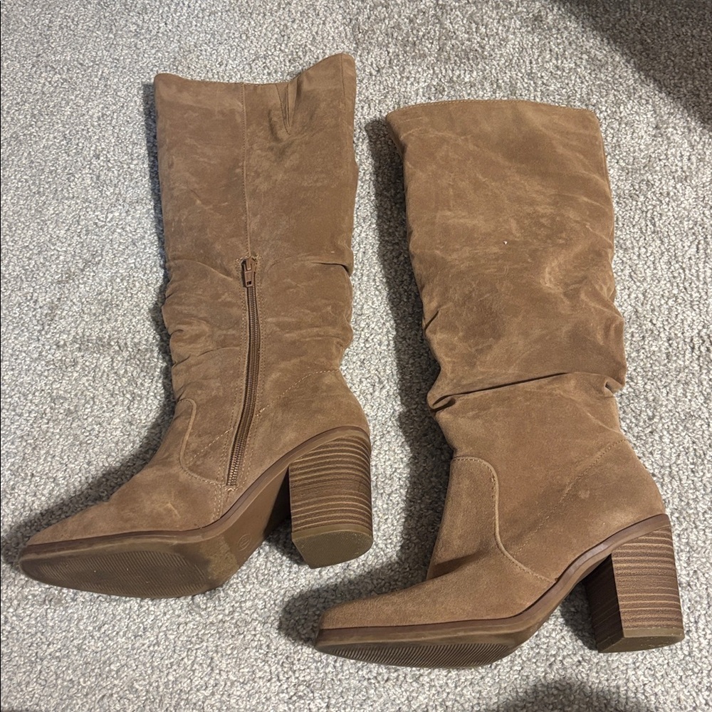 Tan Suede Knee High Boots with Heel